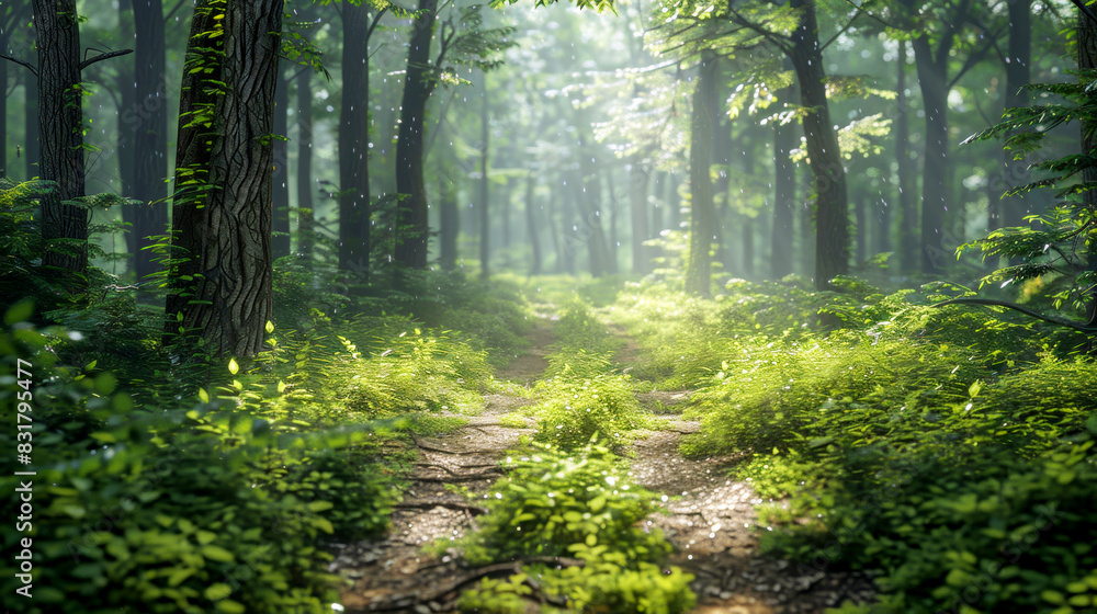 Obraz premium Misty forest path with lush vegetation and sunlight filtering through the trees, creating a peaceful and enchanting atmosphere.