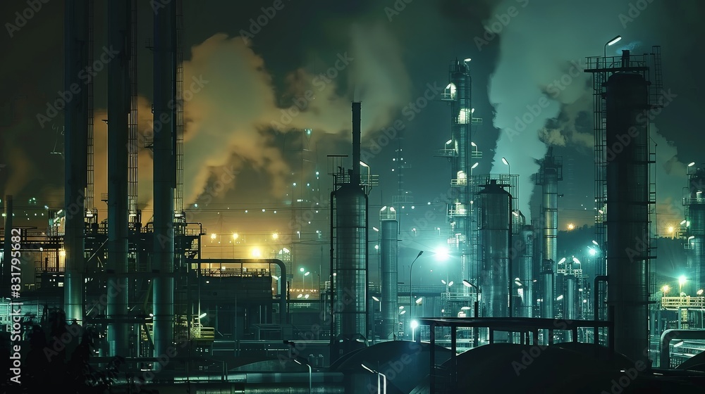 A large industrial refinery emitting smoke and illuminated at night, showcasing extensive pipelines, tall structures, and bright lights.