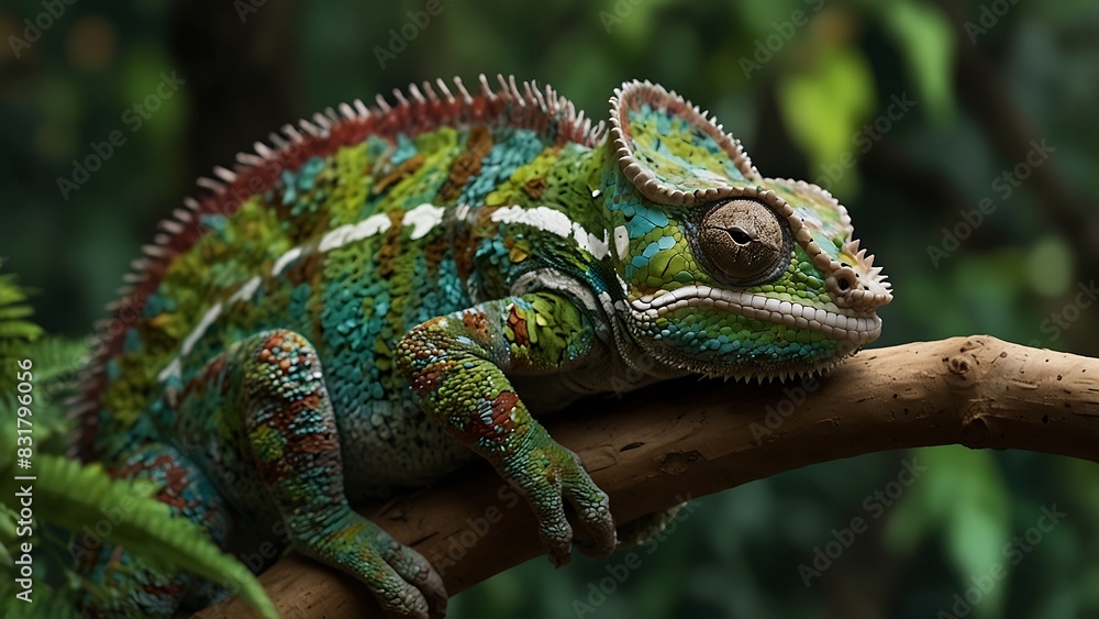 Fototapeta premium portrait of a beautiful green and colorful iguana relaxing on a tree trunk with a blurred background
