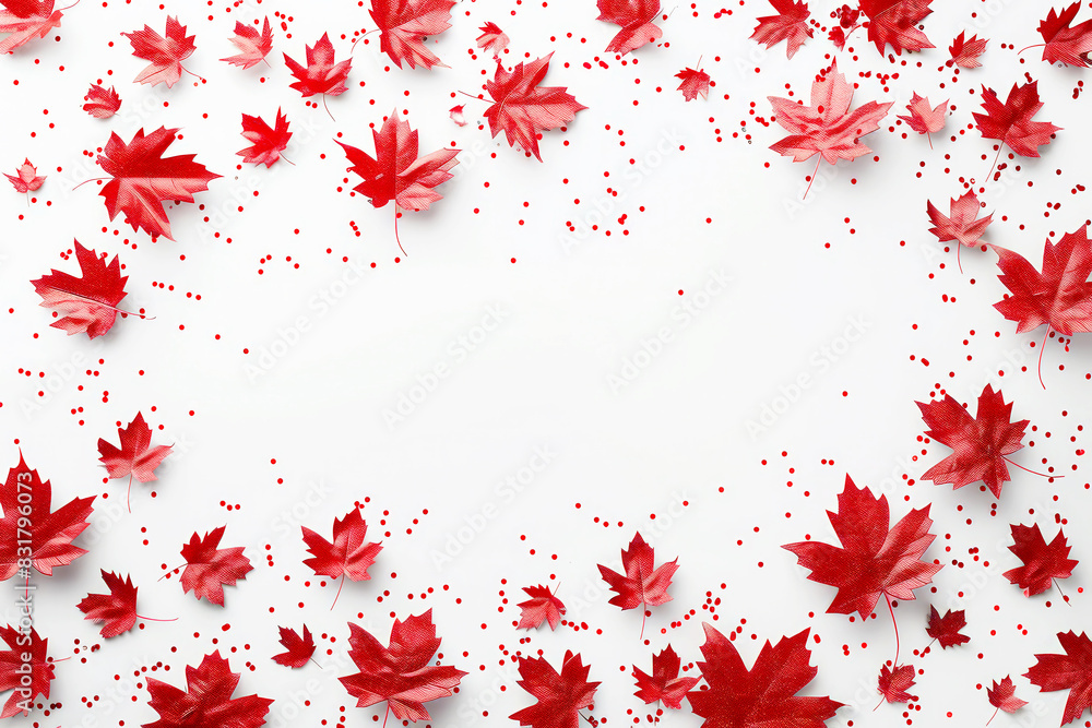 Red maple leaves arranged on a white background, representing the beauty of autumn and seasonal decor.