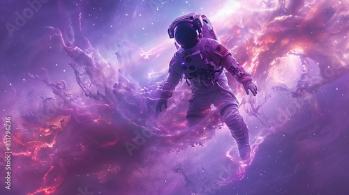 A lone astronaut floating weightlessly within a nebula, bathed in its ethereal glow. The nebula resembles a cosmic jellyfish, its tendrils trailing behind the astronaut. photo