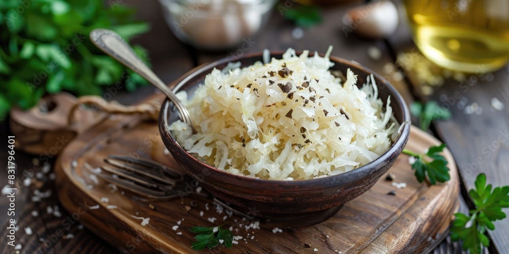 Bowl of sauerkraut with fork on wooden table Bowl of sauerkraut with fork on wooden table