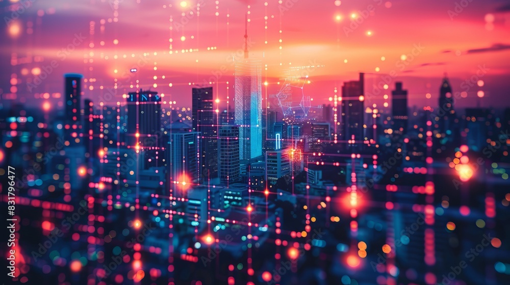 Futuristic cityscape with glowing lights and digital network overlay, showcasing advanced urban technology during sunset. Futuristic cityscape with glowing lights and digital network overlay, showcasing advanced urban technology during sunset.