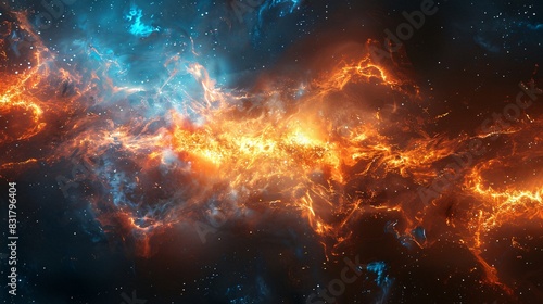 A cosmic storm raging within a nebula. Vivid bolts of energy crackle through the gas clouds, illuminating them in a breathtaking display of power. photo