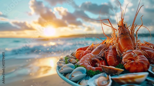 Fresh seafood platter at sunset on a beach, with prawns, clams, and mussels, capturing the perfect coastal dining experience. photo