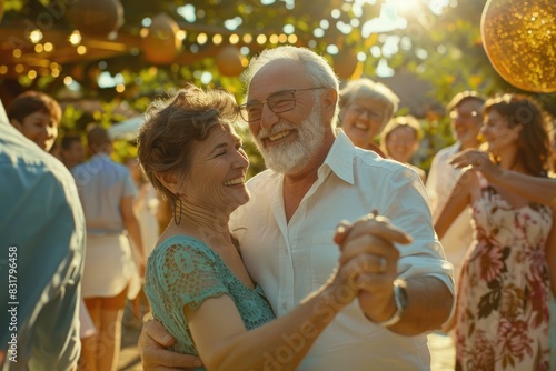 Senior couple dancing at an outdoor party