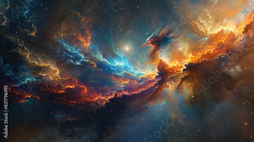 A nebula shaped like a mythical creature, such as a phoenix or a dragon. The vibrant colors and swirling patterns evoke a sense of mystery and wonder.