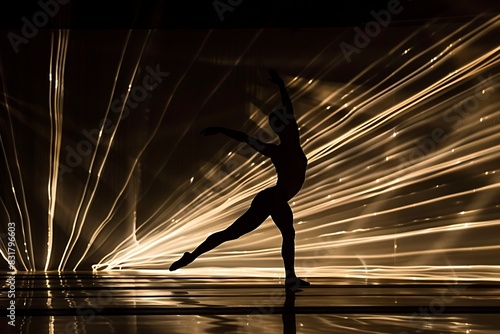 A silhouette of a gymnast performing a graceful floor routine, leaving a trail of light streaks. photo