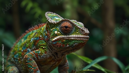 portrait of a beautiful green and colorful iguana relaxing on a tree trunk with a blurred background