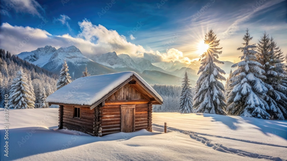 Cozy wooden cabin in a snowy mountain landscape at sunrise.
