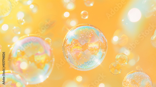Soap Bubbles Illuminated by Soft Sunlight on Yellow Background