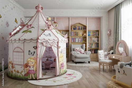 Children's playroom with tent and toys photo