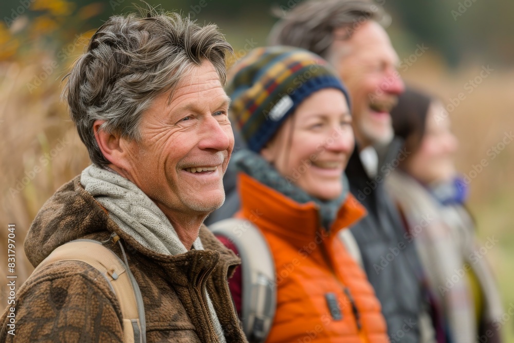 Portrait of happy senior man with friends in the background at countryside Portrait of happy senior man with friends in the background at countryside