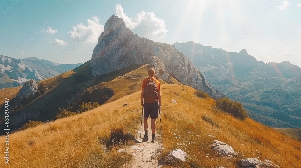 Obraz premium Adventurous couple embracing each other while exploring the majestic mountain scenery