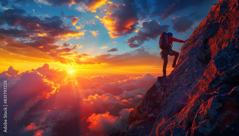 8K breathtaking image of a climber during sunset, stunning colors, open sky, vivid and clear details