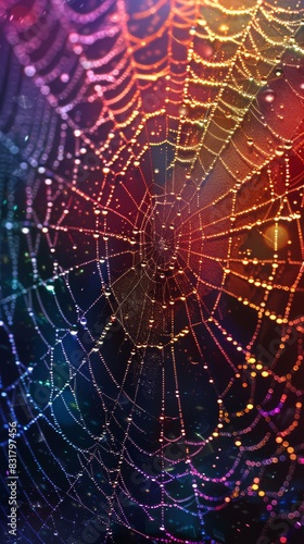 Wallpaper Mural A close-up of a spider web adorned with dewdrops, creating a beautiful rainbow bokeh effect in the background.
 Torontodigital.ca