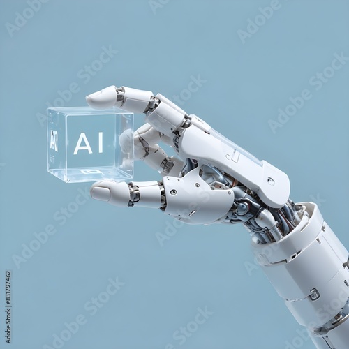 A white robotic hand holding a transparent cube with the letter 'AI' printed on it, against a light blue background