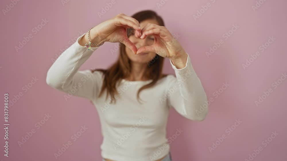 Heartwarming image of young blonde woman standing and showing heart symbol with hands over isolated pink background - romantic concept of love and happiness Heartwarming image of young blonde woman standing and showing heart symbol with hands over isolated pink background - romantic concept of love and happiness