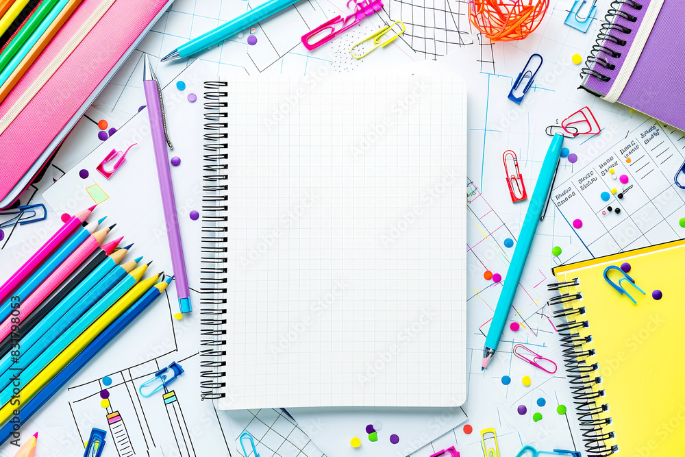 Colorful school supplies arranged around an open notebook. Colorful school supplies arranged around an open notebook.