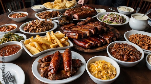 arge table is filled with many different types of food, including ribs, pulled pork, and various sides. photo