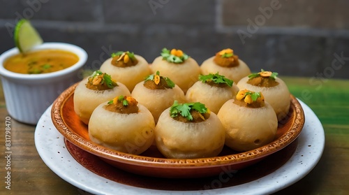image depicts a plate of round, potato-like dumplings with three small bowls of sauces or condiments.