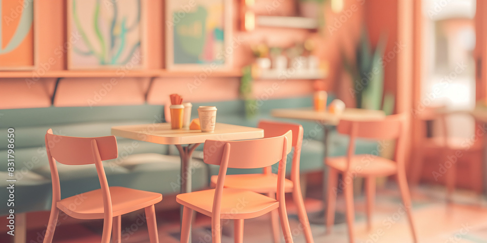 a restaurant with orange walls and chairs
 