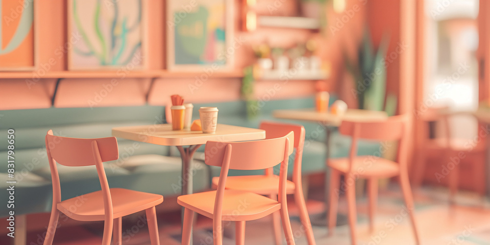 a restaurant with orange walls and chairs
a restaurant with orange walls and chairs