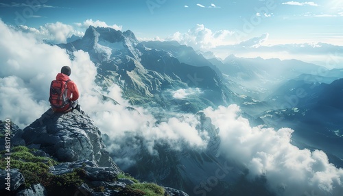 8K high resolution image of a mountain climber scaling a rock, breathtaking mountain backdrop, crisp details, vibrant colors