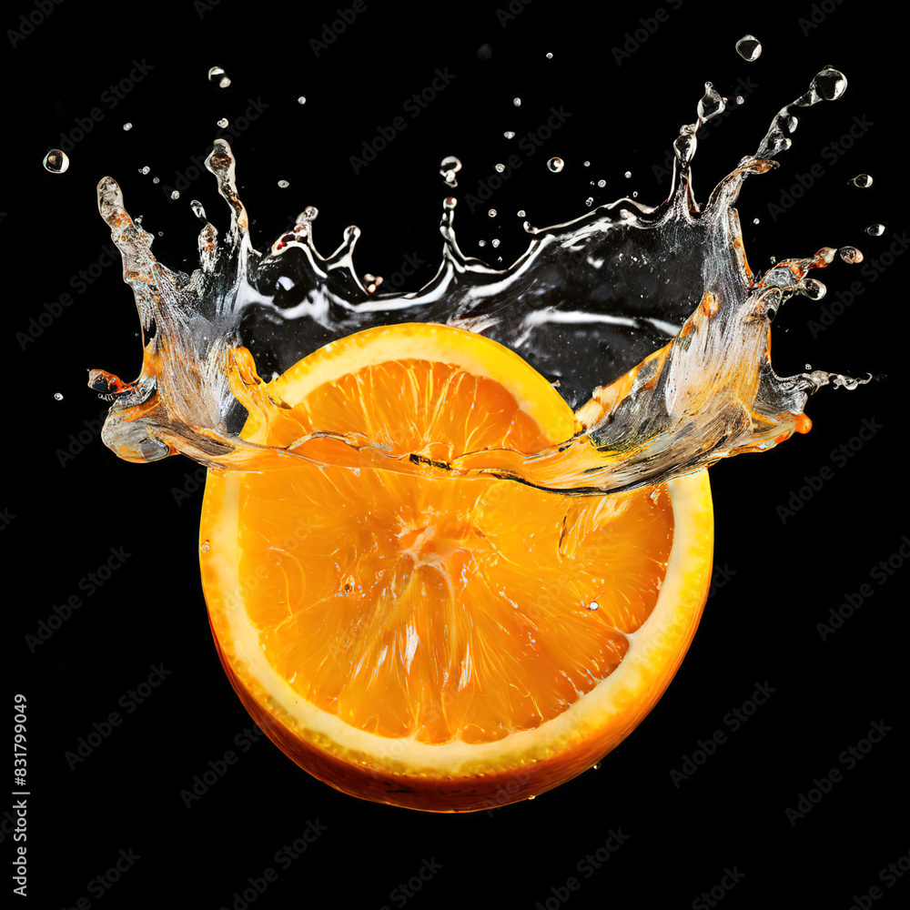 © Abeeha - Orange juice splashes in a glass isolated on a dark black background. Falling orange slices, natural orange juice drink, photo in motion. Generative AI © Abeeha - Orange juice splashes in a glass isolated on a dark black background. Falling orange slices, natural orange juice drink, photo in motion. Generative AI