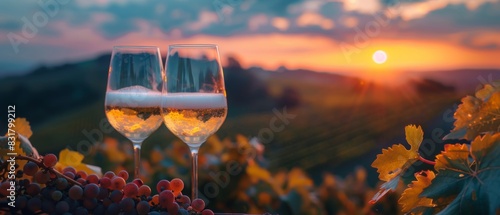 sunset over the vineyard, grapevines and hills, close up, vibrant palette, Double exposure silhouette with wine glasses photo