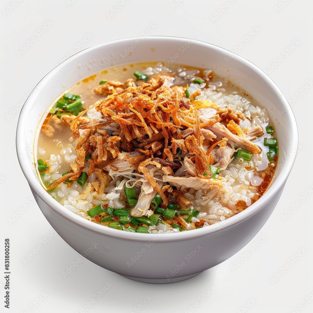 Bowl Of Bubur Ayam Including Shredded Chicken, Crispy Fried Shallots, And Soy Sauce Bowl Of Bubur Ayam Including Shredded Chicken, Crispy Fried Shallots, And Soy Sauce