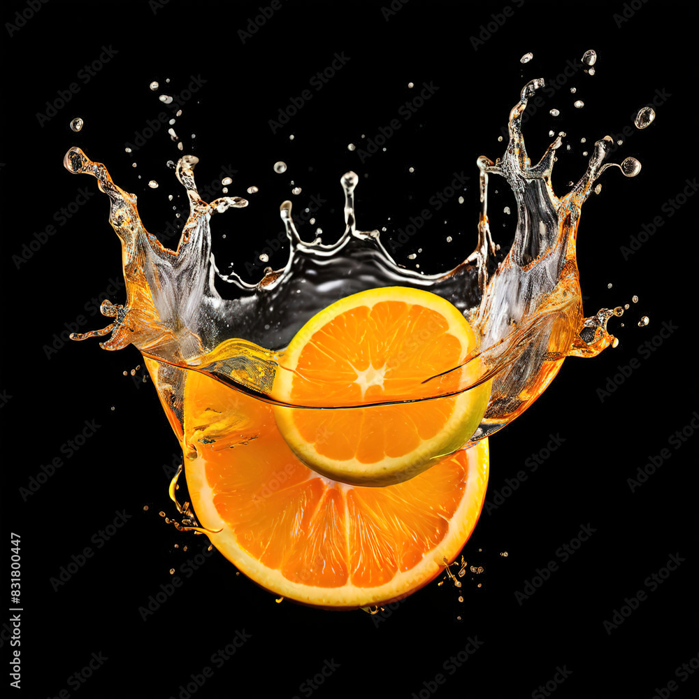 Orange juice splashes in a glass isolated on a dark black background. Falling orange slices, natural orange juice drink, photo in motion. Generative AI Orange juice splashes in a glass isolated on a dark black background. Falling orange slices, natural orange juice drink, photo in motion. Generative AI