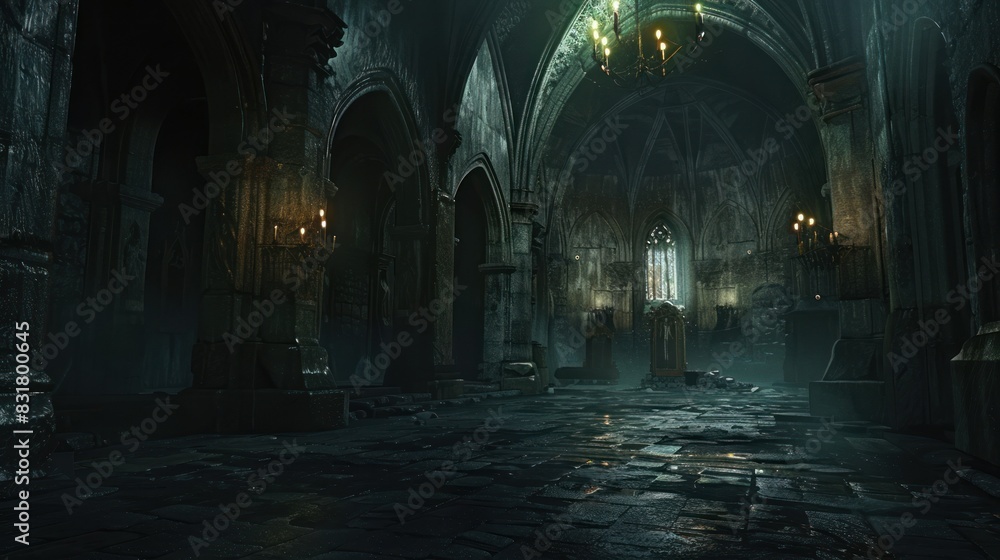 A dark, atmospheric scene of an old, gothic-style cathedral interior, illuminated by a few flickering candles.
