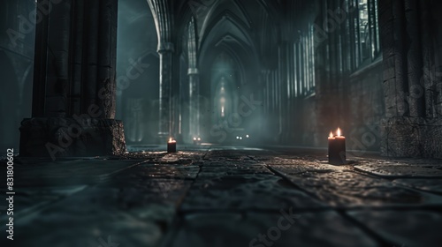 A dark  atmospheric scene of an old  gothic-style cathedral interior  illuminated by a few flickering candles.