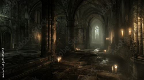 A dark  atmospheric scene of an old  gothic-style cathedral interior  illuminated by a few flickering candles.