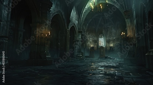 A dark, atmospheric scene of an old, gothic-style cathedral interior, illuminated by a few flickering candles. photo