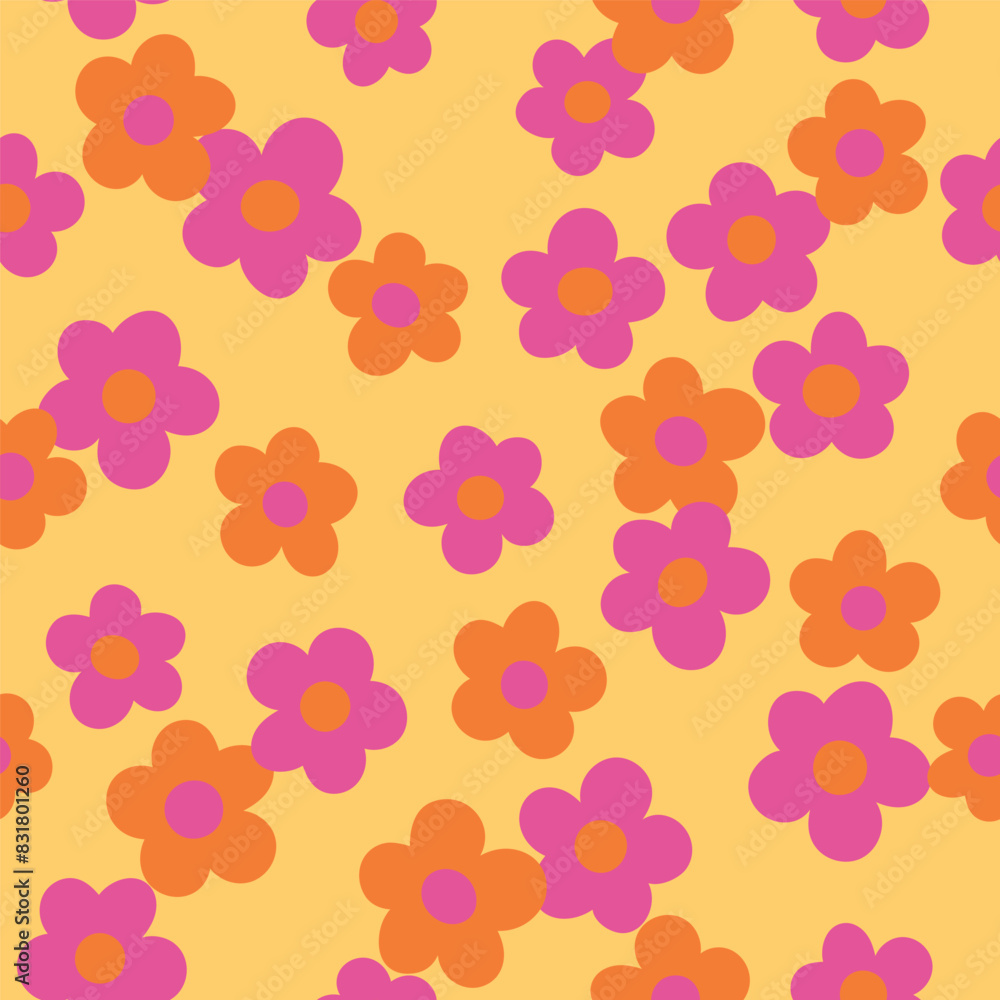 Groovy flower power seamless pattern. Retro, hippie vector floral all over surface print. Nostalgic 60s and 70s retro background.