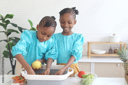 Twin sister kid girl with curly hair braid African hairstyle washing and cleaning fresh vegetables and fruits to make salad at kitchen home. Cute happy children sibling cooking healthy food together.