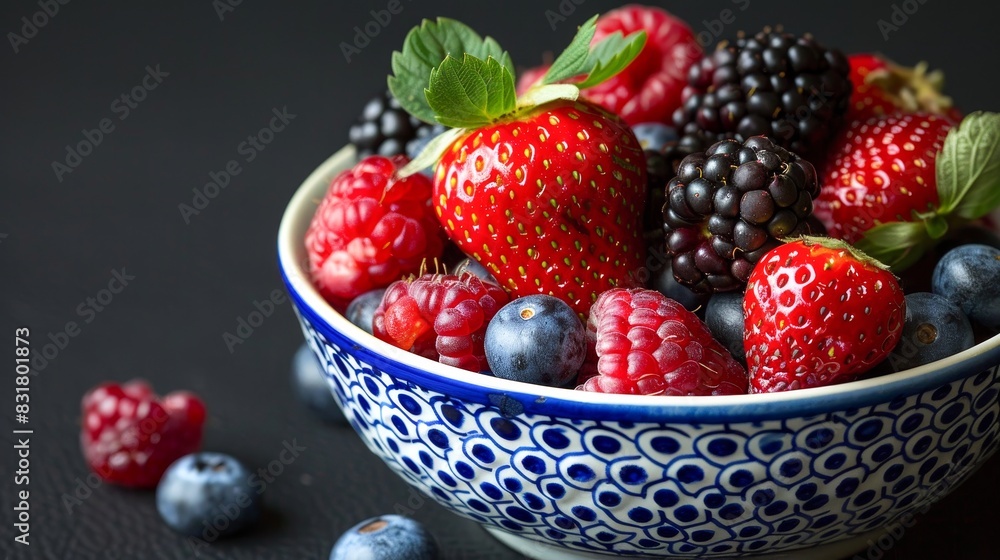 A colorful bowl filled with fresh strawberries, blackberries, blueberries, and raspberries against a dark background, highlighting healthy delicious fruits. A colorful bowl filled with fresh strawberries, blackberries, blueberries, and raspberries against a dark background, highlighting healthy delicious fruits.