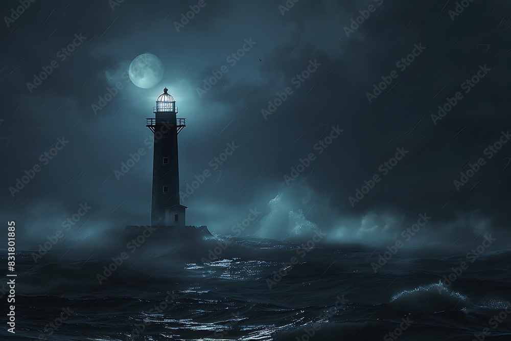 A solitary lighthouse bathed in moonlight on a stormy sea.