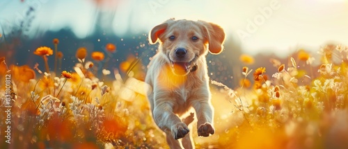 happy dog running in field, sunny day, close up, vibrant colors, Double exposure silhouette with playful patterns photo
