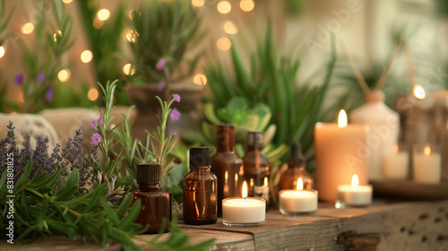 Spa Setting with Herbal Ingredients and Candles