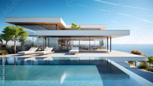 3D rendering Luxury beach house with sea view swimming pool Coastal Elegance: 3D Rendered Beach House with Infinity Pool © Muhammad