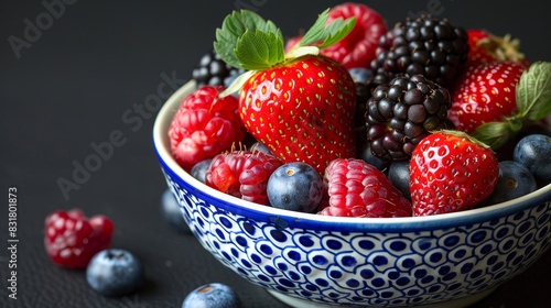 A colorful bowl filled with fresh strawberries  blackberries  blueberries  and raspberries against a dark background  highlighting healthy delicious fruits.