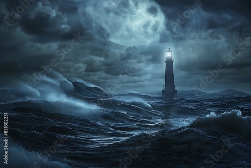 A solitary lighthouse bathed in moonlight on a stormy sea. photo