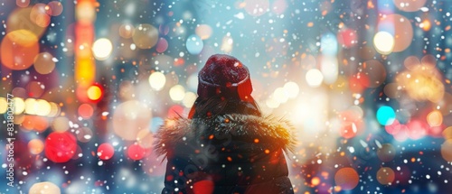 girl in winter coat, city street, copy space, bright hues, Double exposure silhouette with city lights photo