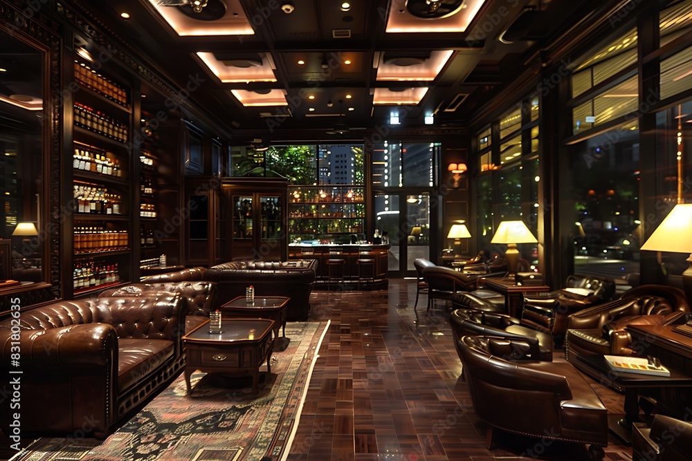 A sophisticated cigar lounge with dark wood furniture and ambient lighting.
