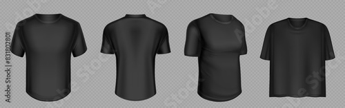 Black tshirt mockup vector. Front and back blank t shirt template mock up design. Male short sleeve sport uniform 3d isolated set. Fabric apparel object for young body model. Oversize unisex fashion