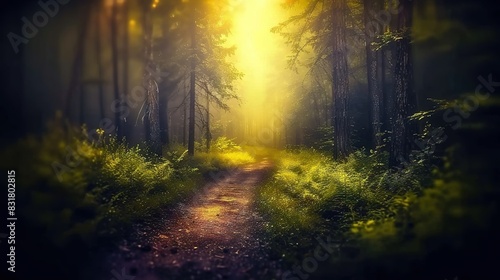  A narrow trail in the dense woods, flanked by beams of radiant sunlight filtering through the leaves above and below