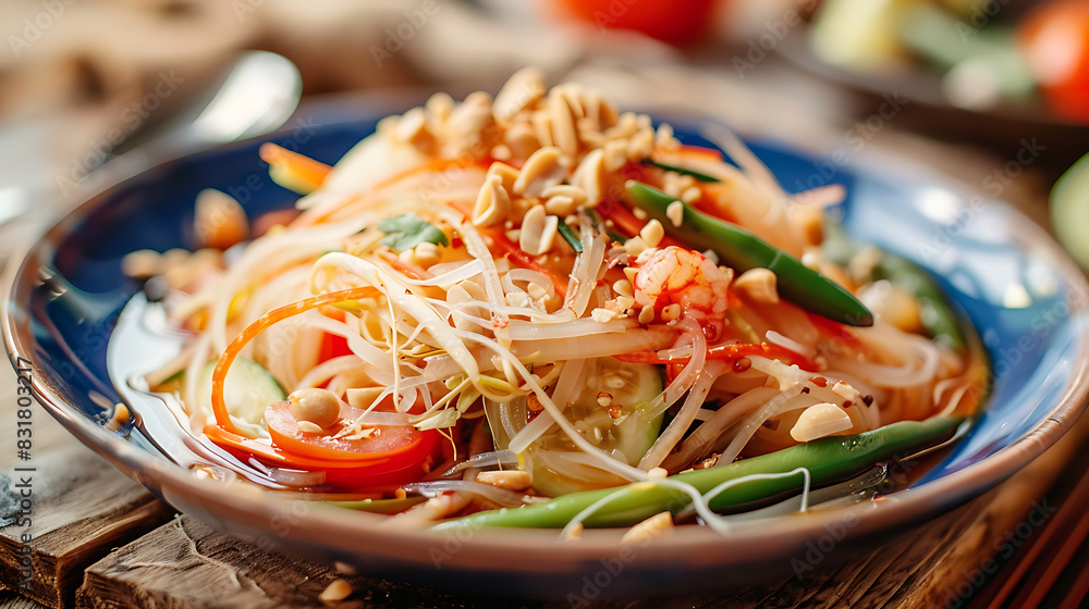 Close-up of a vibrant plate of som tam with shredded green papaya, featuring fresh tomatoes, long beans, dried shrimp, crushed peanuts, and a tangy lime dressing. Generative AI illustration Close-up of a vibrant plate of som tam with shredded green papaya, featuring fresh tomatoes, long beans, dried shrimp, crushed peanuts, and a tangy lime dressing. Generative AI illustration